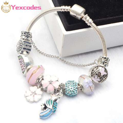 Tibetan Silver Plate Jewelry Pink Flower Charm Bracelet DIY Petal Glass Beads Exquisite Ladies Bracelet Gift Jewelry ► Photo 1/6