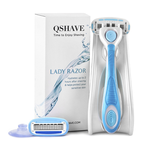 QSHAVE IT Lady Shaving 5-Blade Razor Women Bikini Hair Removal Blade Epilator Made in USA, Razor + 2 Cartridges + Holder + Stick ► Photo 1/6