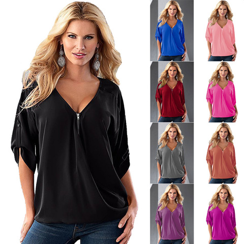 Spring and Summer Women Chiffon Blouse Female V-neck Zipper Half Sleeve Loose Top Shirt Plus Size S-5XL ► Photo 1/6