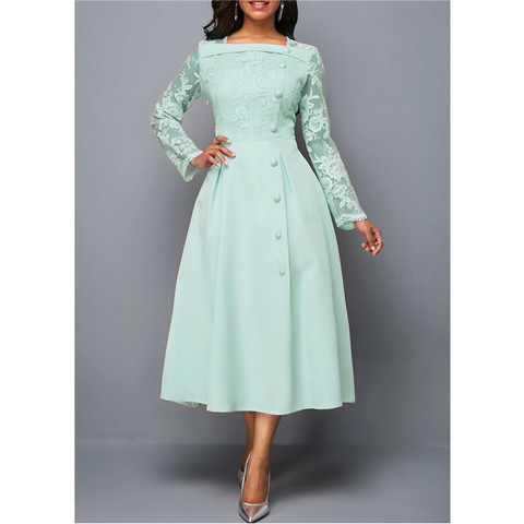 Women's Dress Elegant Long Sleeve Lace Stitching High Waist big hem mid-length Big Size Dresses For Women ► Photo 1/6