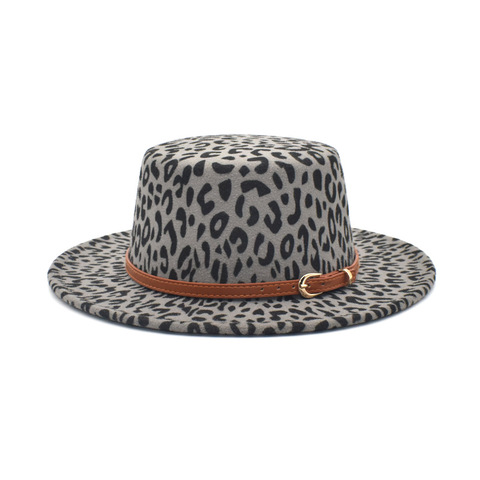 New classic leopard Felt Fedora men's and women's artificial wool blended jazz hat wide brim simple church Derby flat top hat re ► Photo 1/6