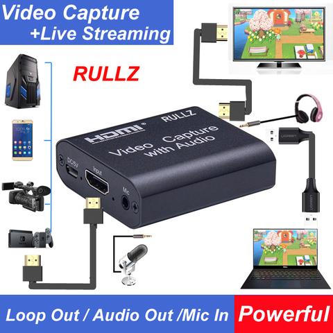4K HDMI To USB 2.0 3.0 Loop Out Graphics Capture Card Video Recording Box PC Game Live Streaming Video Recorder Mic In Audio Out ► Photo 1/6