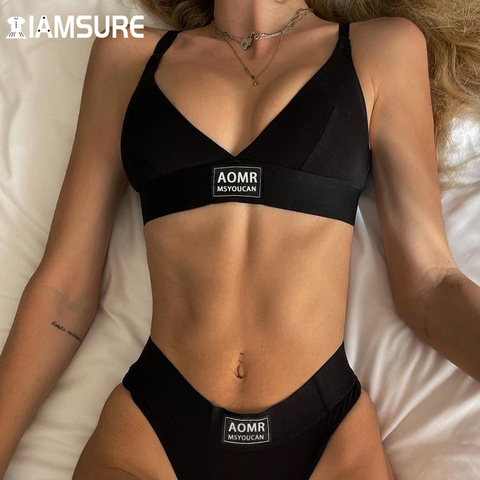 IAMSURE Letter Embroidery Black Basic Bra And Brief Sets Sexy Women Intimates Underwear Summer Camis Lingerie Low Waisted Panty ► Photo 1/6