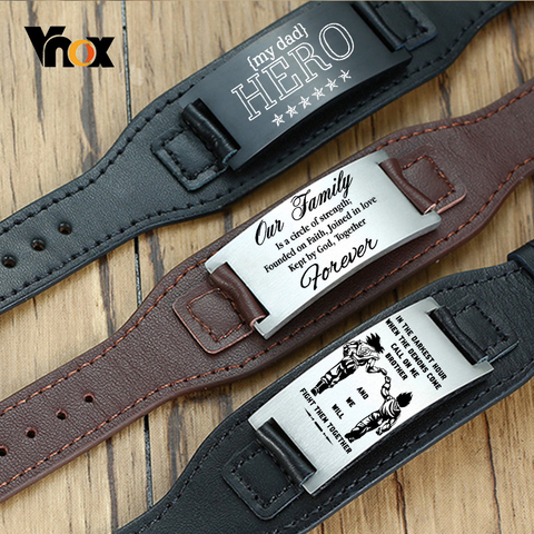 Vnox Free Personalize Men Bracelets Genuine Leather Wristband with Stainless Steel ID Bar Custom Gents Bangle ► Photo 1/6