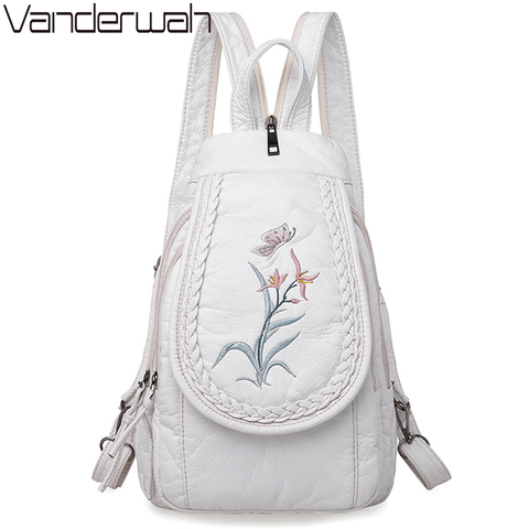 New Embroidery Orchid Women Backpack Casual  3 in 1 Backpack For Teenage Girls Soft Washed PU Leather Chest Bags For Women Sac ► Photo 1/6