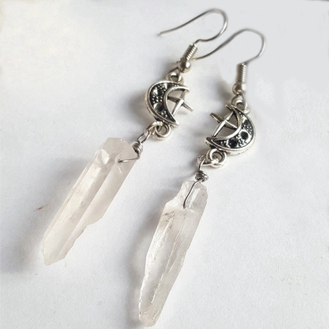 Clear Quartz Moon Earrings - Boho, Witchy, Natural Stones, Esoteric, Celestial, Alternative, Nugoth, Gothic, Romantic.star Gift ► Photo 1/2