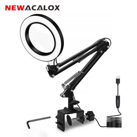 NEWACALOX USB 5X Illuminated Magnifier 3 Color Desk Lamp Magnifying Glass Soldering Third Hand Tool Flexible Reading Loupe ► Photo 1/6