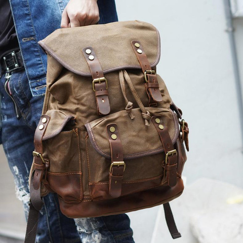 Retro men's canvas backpack high school college student school bag leisure large capacity travel bag backpack men's bag ► Photo 1/6