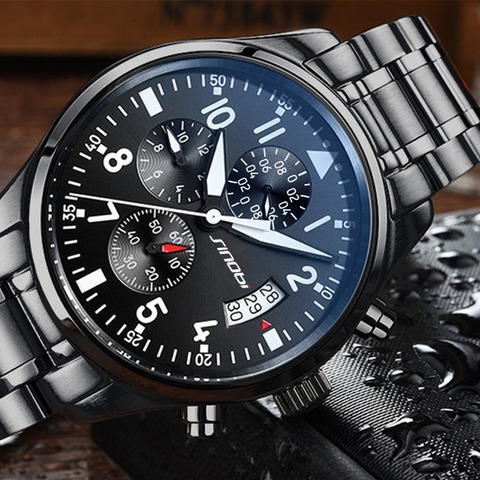SINOBI High Quality Pilot Men's Chronograph Wrist Watch Waterproof Luxury Brand Stainless Steel Diver Males Geneva Quartz Clock ► Photo 1/6