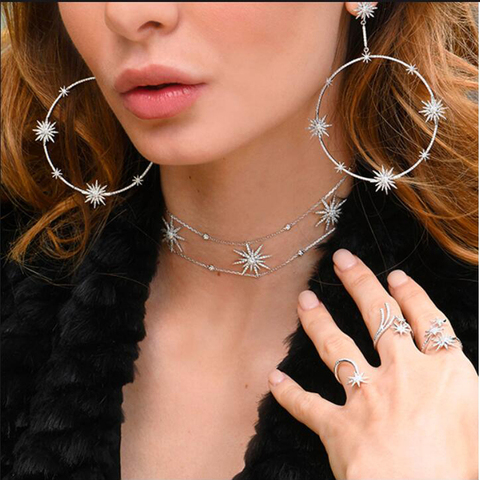 starlight starburst northstar charm choker necklace Double cz station chain chokers elegance Christmas gift jewelry fashion ► Photo 1/6