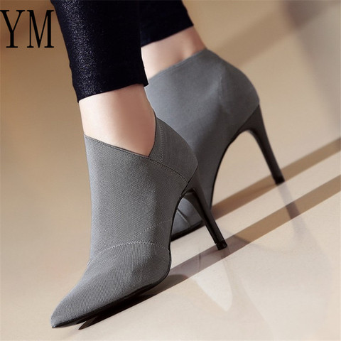 2022 Grey Fashion Women High Heel Booties Large Size 34-41 Female High-Heeled Boots Young Ladies Booties 8.5cm Heel Cloth Boots ► Photo 1/6