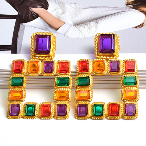 Hot Sell Hanging Gold Square Dangle Drop Earrings Studded With Colorful Crystal Fashion Rhinestone Jewelry Accessories For Women ► Photo 1/6