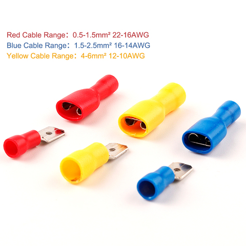 6.3mm Female Male PVC Connector Electrical Wiring Connector Insulated Crimp Terminal Spade Blue Yellow Red FDFD MDD2 ► Photo 1/6