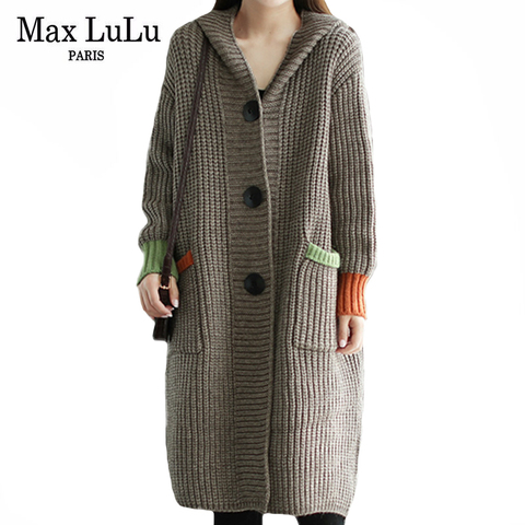 Max LuLu Winter 2022 Korean Fashion Womens Knitted Cardigans Ladies Loose Long Sweaters Casual Vintage Hooded Clothes Plus Size ► Photo 1/6