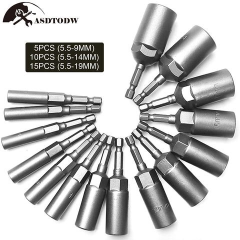 5/10/15Pcs 80mm Length Deepen Power Nut Driver Drill Bit Set 5.5-19MM Impact Socket Adapter for Power Tools 6.35MM Hex Shank ► Photo 1/4