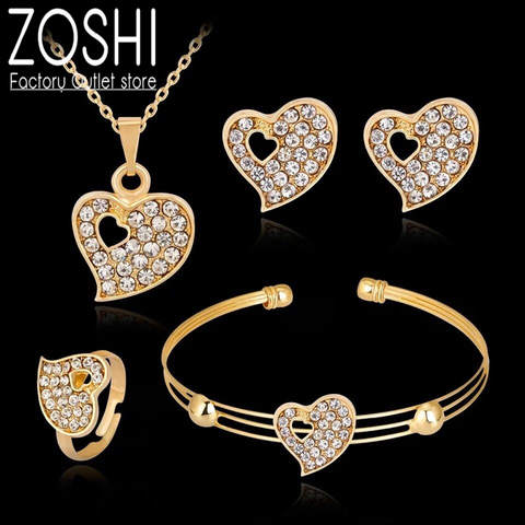 Fashion Dubai Gold Jewelry Sets Crystal Heart Necklace Bangle Ring Earrings Set Wedding Gift African Nigeria Jewelry for Women ► Photo 1/6