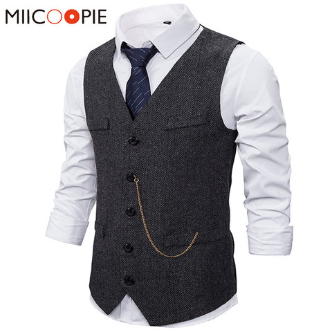 Formal Mens Suit Vest 2022 New Casual Chain Solid Color Business Tweed Vest Gilet Homme Costume Waistcoat For Wedding Groomsmen ► Photo 1/6