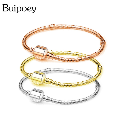 Buipoey Simple Basic Chain Golded Silver Color Plated Rose Gold Snake Chain Fit Original Brands Bracelet Bangle For Women Men ► Photo 1/6
