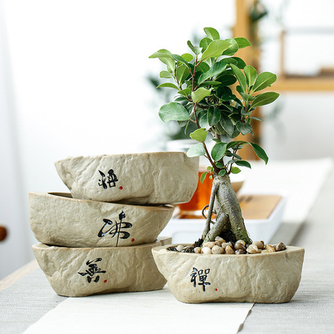 Creative Retro Wind Non-porous Perforated Plant Flower Pot Stone Pottery Green Grass Flower Flower Handwriting Flower Pot ► Photo 1/5