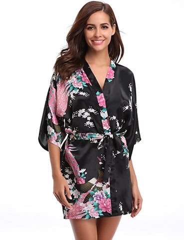 Silk Satin Wedding Bride Bridesmaid Robe Floral Bathrobe Short Kimono Robe Night Robe Bath Robe Fashion Dressing Gown For Women ► Photo 1/5