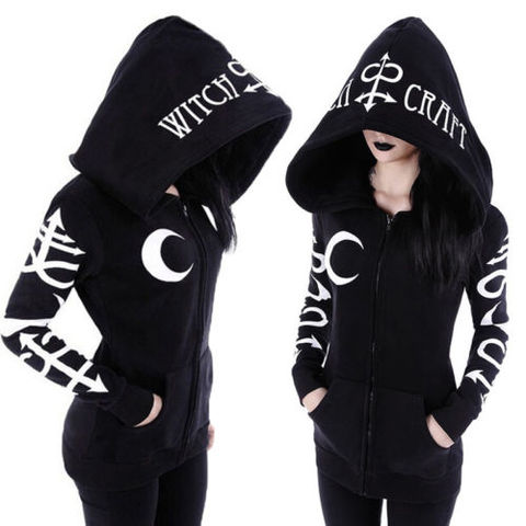 Women Gothic Punk Zip up Long Sleeve Hoodies Moon and Letter Print Sports Sweatshirt Jacket Coat with Pockets Halloween Costume ► Photo 1/6