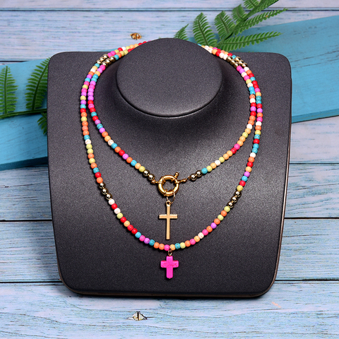 MOON GIRL 85cm Long Cross Pendant Necklace for Women Fashion Colour Beads Boho Double Layer Statement Femme Choker Dropshipping ► Photo 1/6