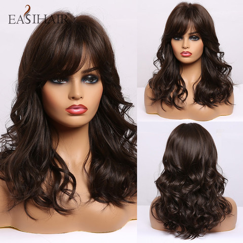 EASIHAIR Medium Length Dark Bown Synthetic Wigs Natural Hair Wig with Bangs Women Wigs Wavy Heat Resistant Cosplay Dark Wig ► Photo 1/6