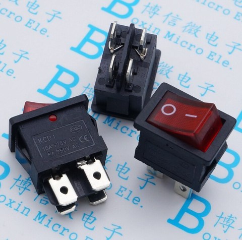5PCS 21x15mm KCD1-104 Rocker power Switch With LED lights boat Red 4 pin 2 terminal Hole size 13*19mm 6A 250V 125V ► Photo 1/1