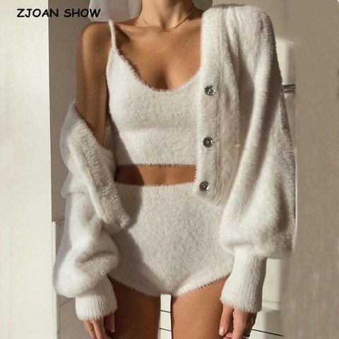 2022 Vintage Set Shaggy Korea Style White Cardigan Furry Single-breasted Button Tank Top Knitted Sweater Jumper 1 Set ► Photo 1/6