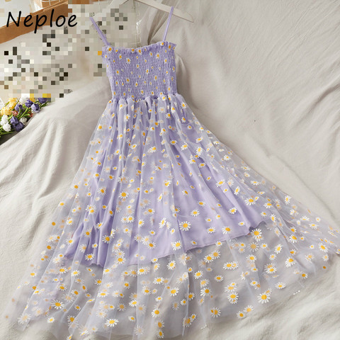 Neploe Daisy Mesh Yarn Spaghetti Strap Dress Women 2022 New Summer French Style Pleated Slim Wasit Retro Sweet Dresses 82124 ► Photo 1/5