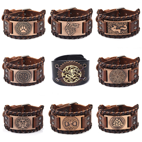 Retro Handmade Genuine Leather Bracelet Charm Wide Leather Bracelet Viking Odin Totem Vintage Leather Hand Bangle For Man Gift ► Photo 1/6