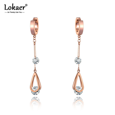 Lokaer Trendy Stainless Steel CZ Crystal Water Drop Tassel Earrings Jewelry Sparkling Rose Gold Hoop Earrings For Women E20010 ► Photo 1/5