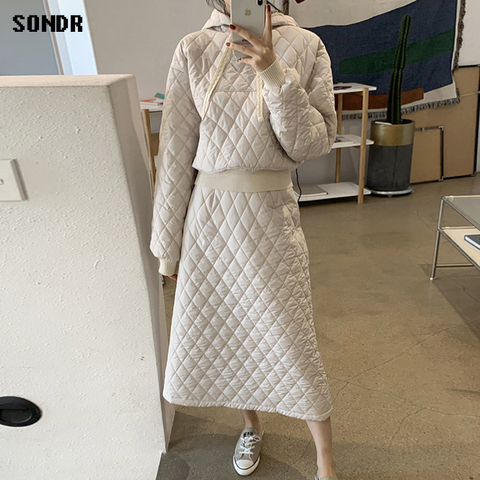 Korean Fashion Suit 2022 Autumn Winter Diamond Lattice Hooded Quilted Sweatshirt + High Waist A-Line Long Skirt Two-Piece Female ► Photo 1/6