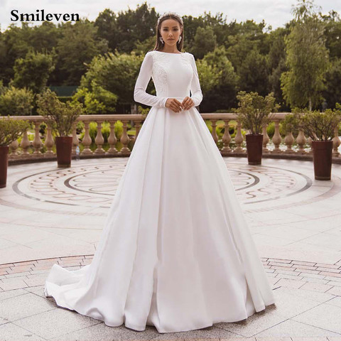 Smileven Elegant Satin Wedding Dresses Long Sleeve Lace Bride Gown Muslim Wedding Gown Covered Back Vestido de novia 2022 ► Photo 1/5
