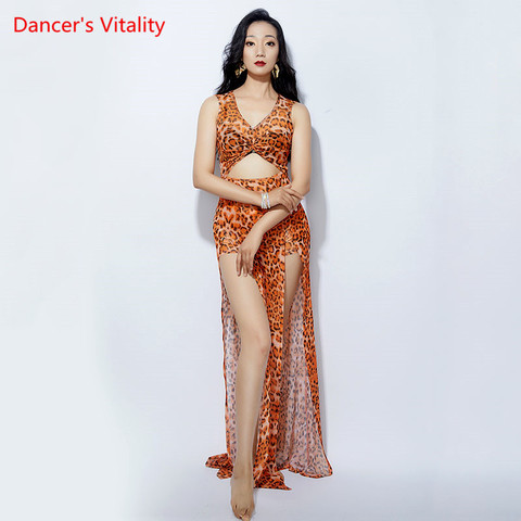 Belly Dance Practice Clothes Summer New Female Sexy Leopard Yarn Double Split One-Piece Dress Performance Clothing ► Photo 1/4