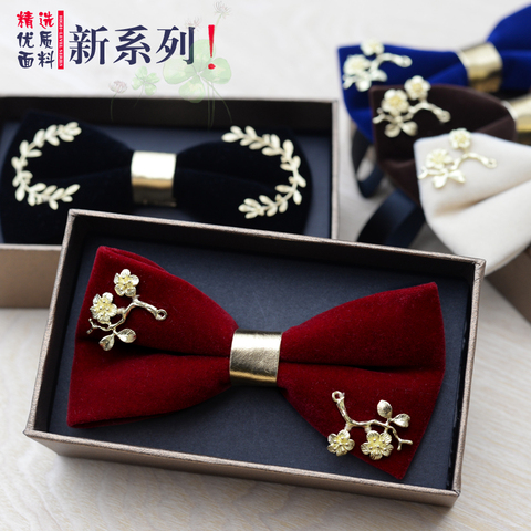 New Fashion Men's Gold Velvet Bowtie Christmas Metal Decorated Wedding Luxury Bow Ties Trendy Collar Jewelry Gifts for Men ► Photo 1/6