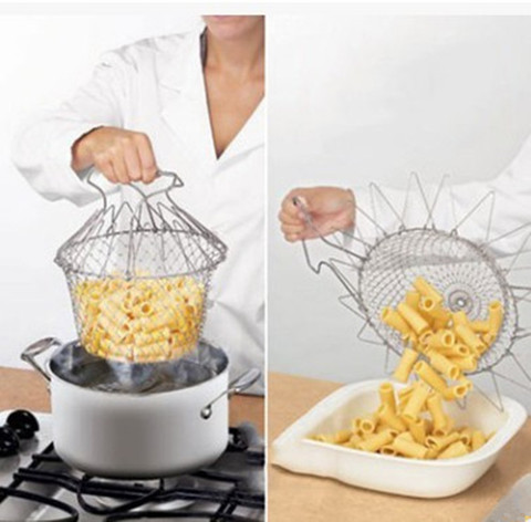 Foldable Steam Rinse Strainer Stainless Steel Colander Magic Mesh Basket Drainer Frying French Fryer Tool Kitchen Cooking Basket ► Photo 1/6