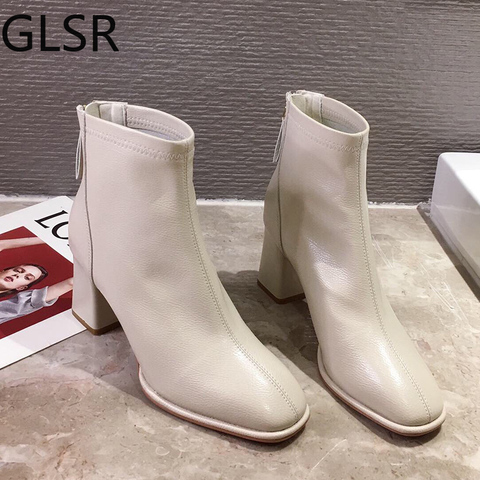 Luxury Brand Women Beige 7cm Block High Heels Ankle Boots 2022 Winter Female Square Toe Chelsea Boots High Quality Short Boots ► Photo 1/6