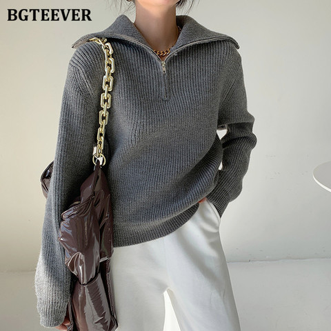 BGTEEVER Fashion Thick Turtleneck Zipper Pullover Sweaters Women Loose Long Sleeve Female Solid Knitting Jumpers Autumn Winter ► Photo 1/6