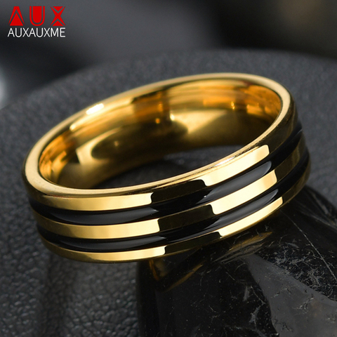 Auxauxme Simple Black Double-Line Glaze Rings Gold Titanium steel Anime Anel Masculino Aneis Alliance For Men Women Jewelry ► Photo 1/6