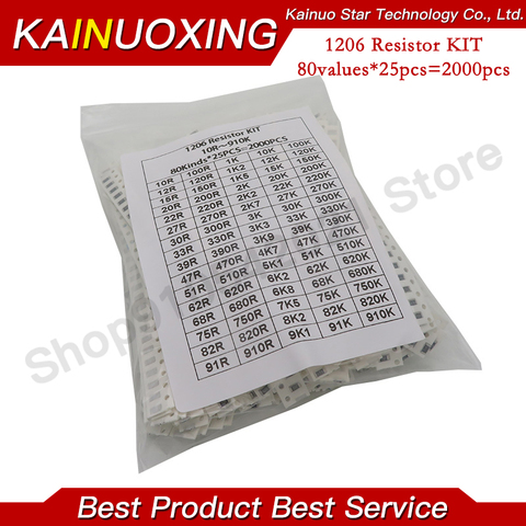 2000pcs 1206 SMD Resistor Kit Assorted Kit 1ohm-1M ohm 5% 80valuesX 25pcs=2000pcs Sample Kit ► Photo 1/1