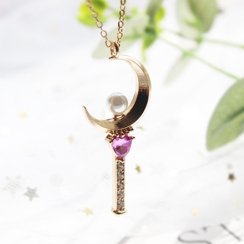 New Anime Jewelry Sailor Moon Fairy Rod Shape Pendant Necklace Women's Necklace Heart Shaped Crystal Inlaid Pendant Accessories ► Photo 1/6