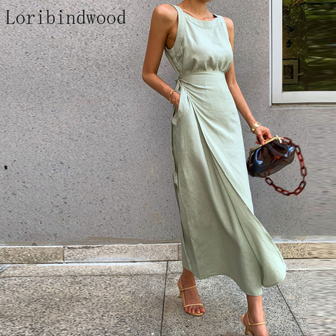 2022 New arrival Fashion Elegant Sleeveless Dress For Women O Neck Sleeveless High Waist Summer Solid Midi Dresses ► Photo 1/5