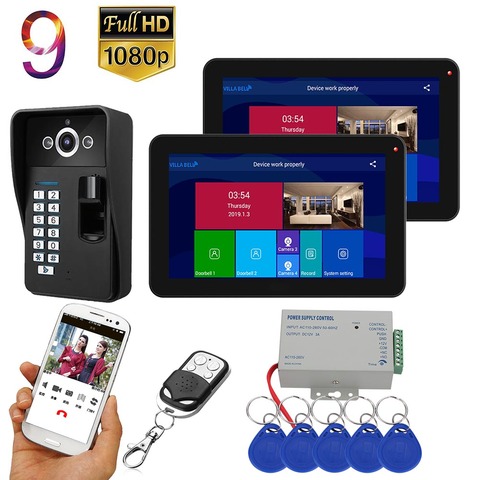 9 inch  2 Monitors  Wifi Wireless Fingerprint RFID  Video Door Phone Doorbell Intercom System with Wired  1080P   camera ► Photo 1/6