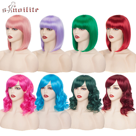 Snoilite Short Hair Wigs Cosplay Wigs Red Blue Pink Purple Green Hair For Women Synthetic Wigs With Bangs Straight Bob Wig Party ► Photo 1/6