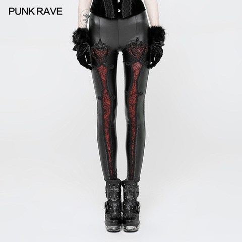 PUNK RAVE Gothic Elastic Waistband Flowers Embroidery Leather Leggings Vintage Embossed Mesh Lace Club Party Sexy Women Pants ► Photo 1/6