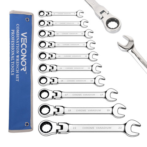 10 Pieces 8-22mm Ratchet Wrench Set of Tools Spanners Set Flexible Head 72-Tooth Mirror Polish with Roll-up Storage Pouch ► Photo 1/4
