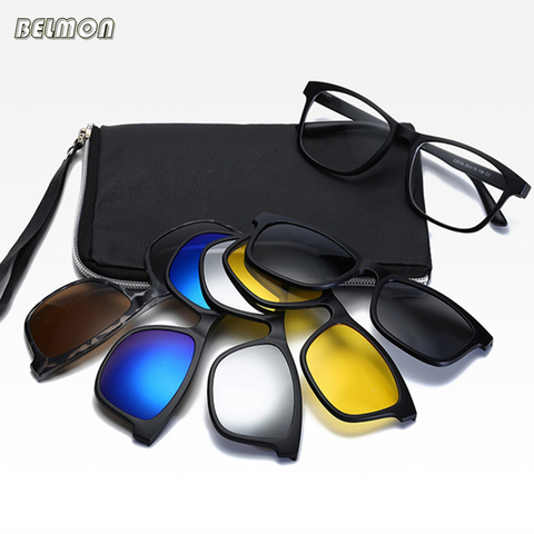 Belmon 6 In 1 Spectacle Frame Men Women With 5 PCS Clip On Polarized Sunglasses Magnetic Glasses Male Computer Optical 2201 ► Photo 1/6