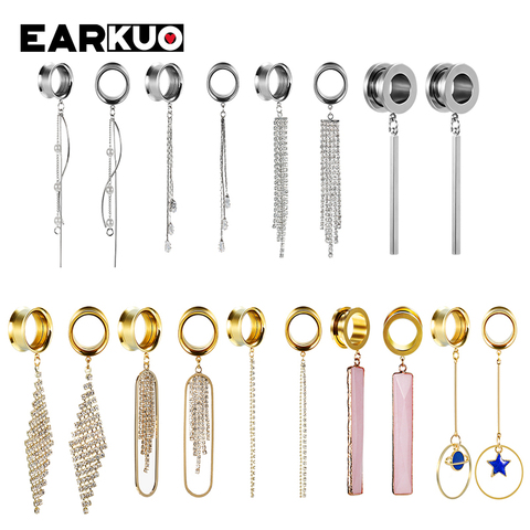 EARKUO Simple Popular Stainless Steel Square Bar Chains Dangle Ear Plugs Piercing Gauges Tunnels Body Jewelry Ear Stretchers ► Photo 1/6