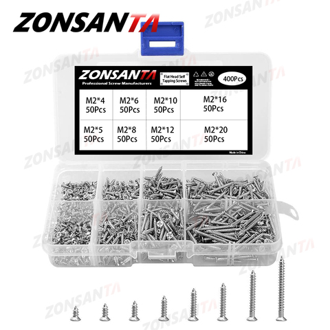 ZONSANTA 400Pcs M2 Cross Flat Head Self Tapping Screw Assortment Kit Wood Thread Nail Screw Sets DIY Countersunk Head Smal Scres ► Photo 1/6